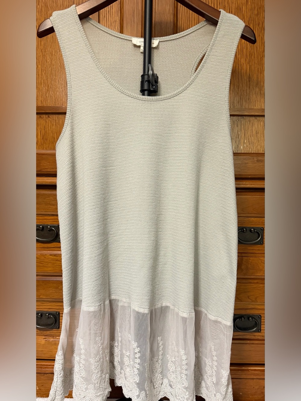 Umgee USA Waffle Knit Tank Top Sheer Lace Mesh Embroidered Hem Layered Romantic